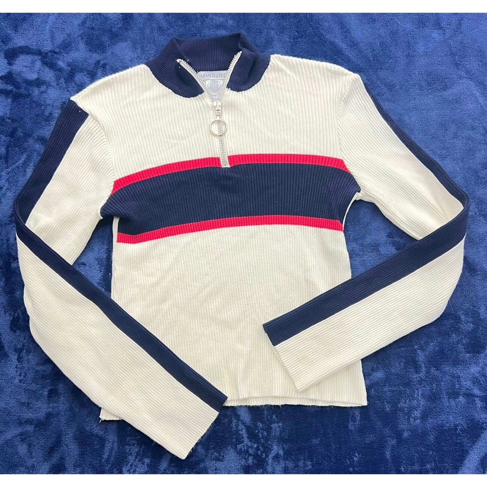EUC Urban Outfitters Ivory Ribbed Quarter Zip Racing Stripe Sweater Top Size XS